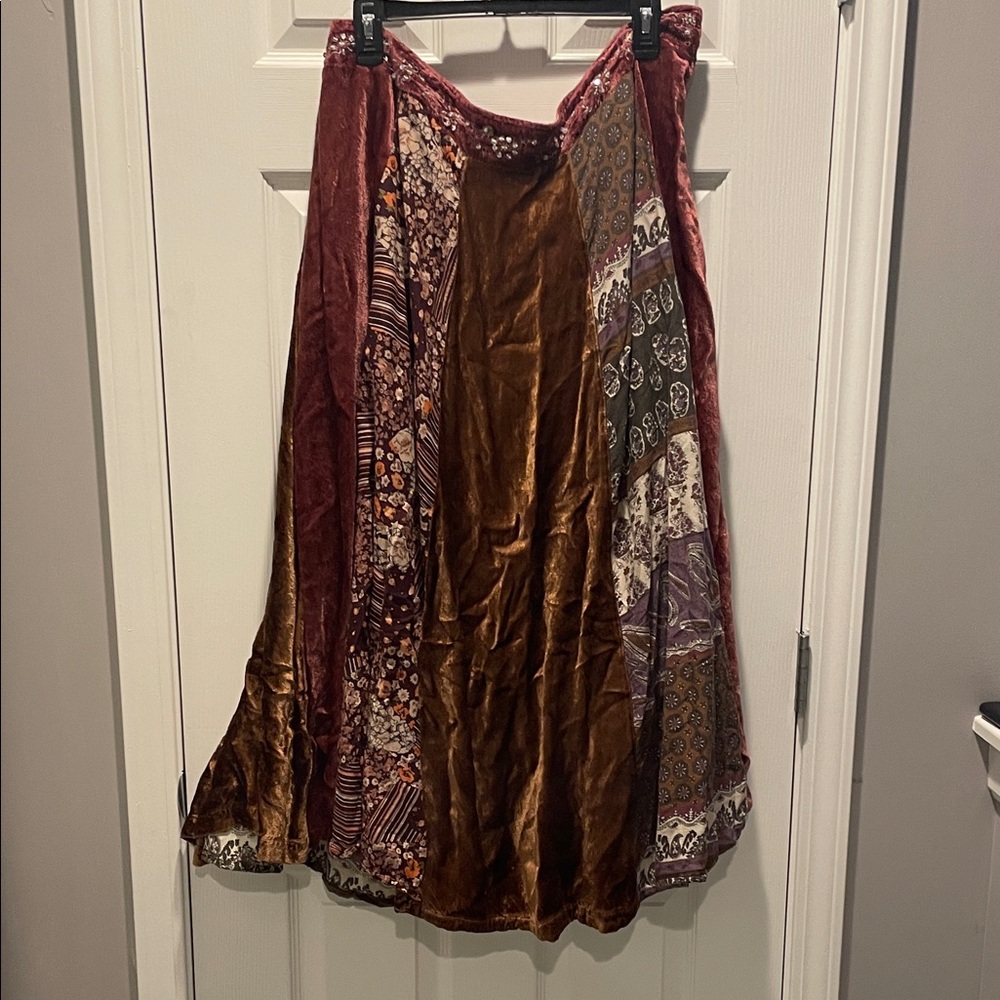 Venezia Velvet Patchwork A-Line Skirt in Burgundy and Brown